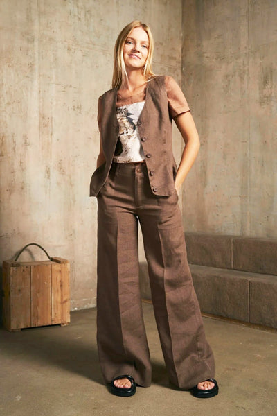 LU.EL WAISTCOAT LINEN CLASSIC 5 BUTTON SL22413 BROWN