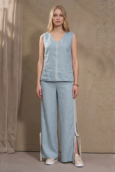 LU.EL TOP LINEN V NECK CONTRAST CENTER TAPE SL52445 SMOKE BLUE