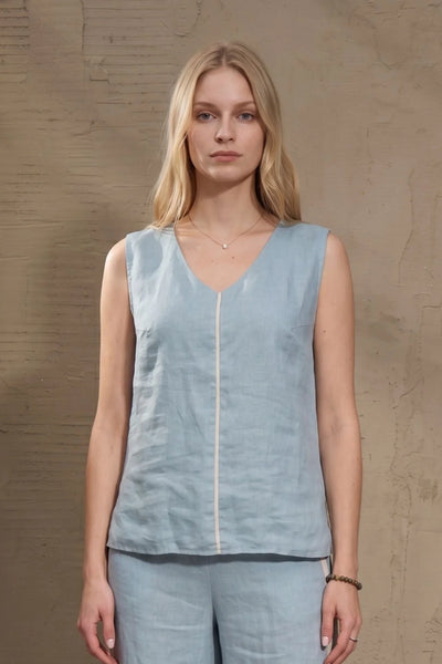 LU.EL TOP LINEN V NECK CONTRAST CENTER TAPE SL52445 SMOKE BLUE