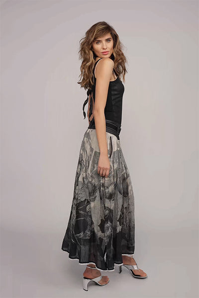 BEATE HEYMANN SKIRT PLEAT RAMIE FLORAL PRINT PU WAISTBAND SNAP BELT 355-31