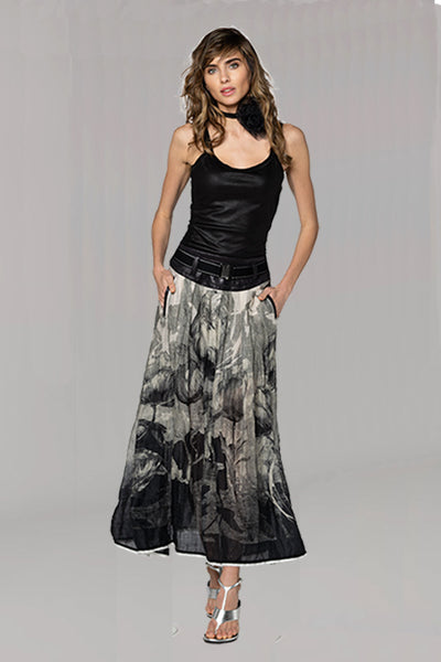 BEATE HEYMANN SKIRT PLEAT RAMIE FLORAL PRINT PU WAISTBAND SNAP BELT 355-31