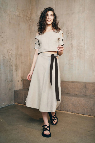 LU.EL SKIRT LINEN MIDI A LINE CONTRAST VERSATILE WAISTBAND SL32410 NATURAL