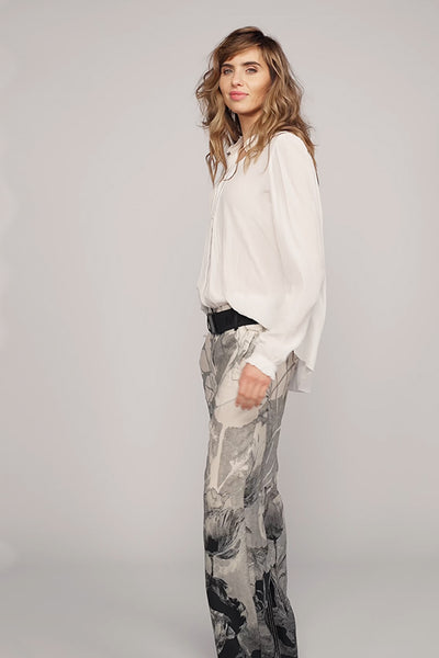 BEATE HEYMANN TROUSER FLORAL PRINT INSIDE LEG STRIPE DETAIL SNAP BELT 332-31