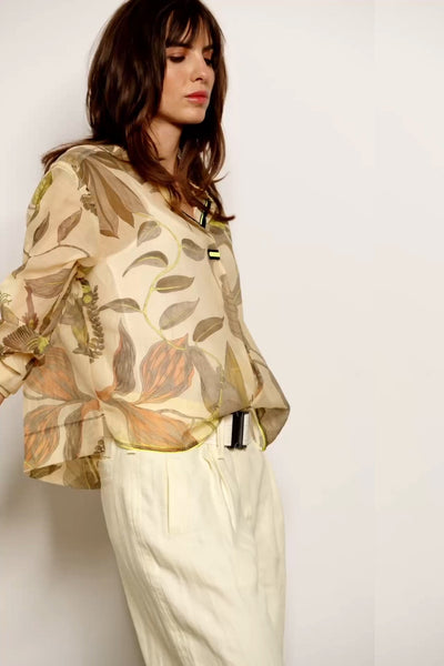 BEATE HEYMANN SHIRT LEAF PRINT V NECK WITH MAO COLLAR 133-36