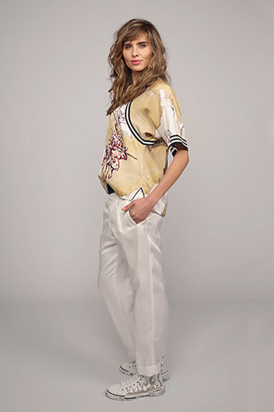 BEATE HEYMANN TOP FLORAL & TWIG PRINT JERSEY RIB STRIPE TRIM HALF SLEEVE 321-1