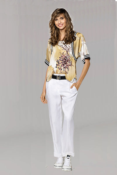 BEATE HEYMANN TOP FLORAL & TWIG PRINT JERSEY RIB STRIPE TRIM HALF SLEEVE 321-1