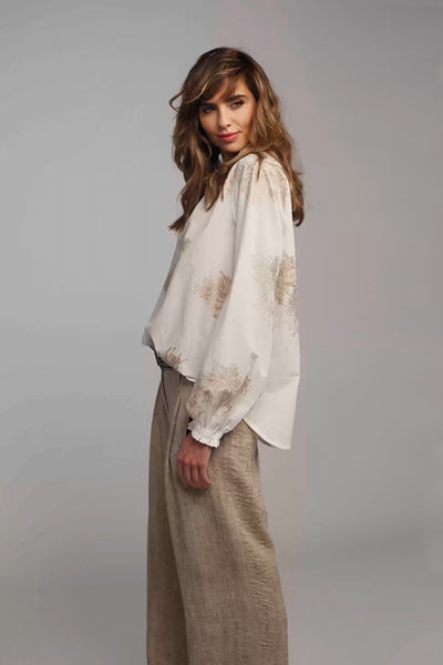 BEATE HEYMANN TOP EMBROIDERED COTTON MAO COLLAR ELASTICATED SLEEVE 327-13