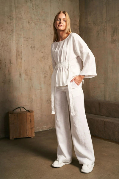 LU.EL TROUSER LINEN SEMI WIDE LEG WITH FLAP POCKETS ON REAR SL2213 WHITE