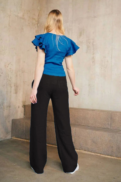 LU.EL TROUSER LINEN SEMI WIDE LEG WITH FLAP BACK POCKETS SL22113 BLACK