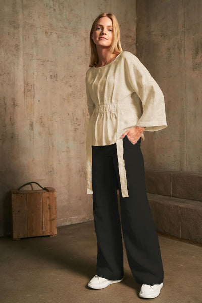 LU.EL TROUSER 100% LINEN SEMI WIDE LEG WITH FLAP POCKETS ON REAR SL2213 BLACK