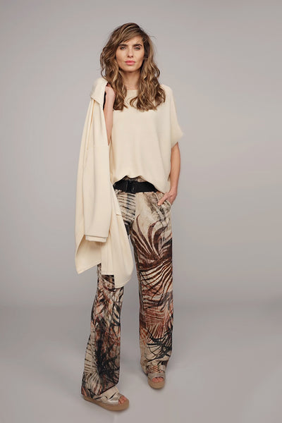 BEATE HEYMANN TROUSER LINEN MIX PALM PRINT STRAIGHT LEG SNAP BELT 316-8