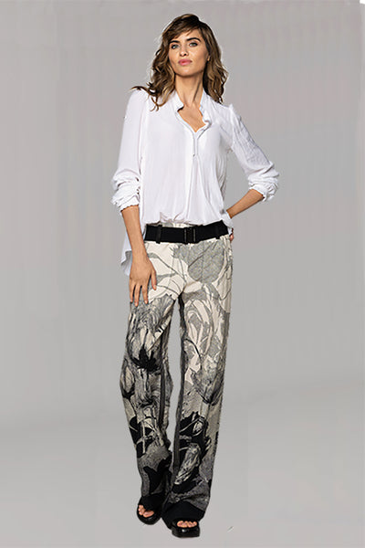 BEATE HEYMANN TROUSER FLORAL PRINT INSIDE LEG STRIPE DETAIL SNAP BELT 332-31