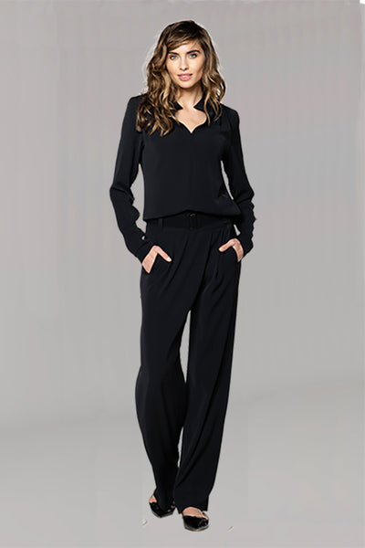 BEATE HEYMANN TROUSER JERSEY CREPE WRAP FRONT STRAIGHT LEG SNAP BELT 359-23