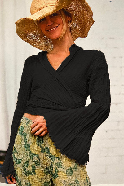 LA BOTTEGA DI BRUNELLA TOP 100% LINEN TEXTURED WRAP TRUMPET SLEEVE E5191444 MANGO