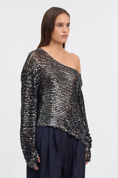 MES DESMOISELLES TOP FULL SEQUIN LOOSE FIT SLASH NECK 24W-CASPAR