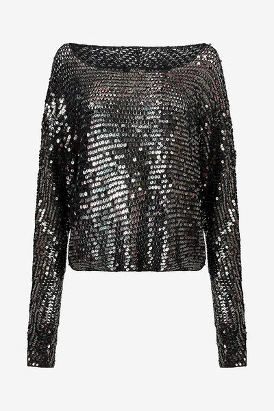 MES DESMOISELLES TOP FULL SEQUIN LOOSE FIT SLASH NECK 24W-CASPAR