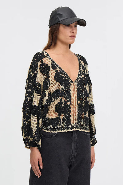 MES DESMOISELLES SWEATER OPEN WAFFLE WOVEN FLOWER APPLIQUE 24W-DREAMI